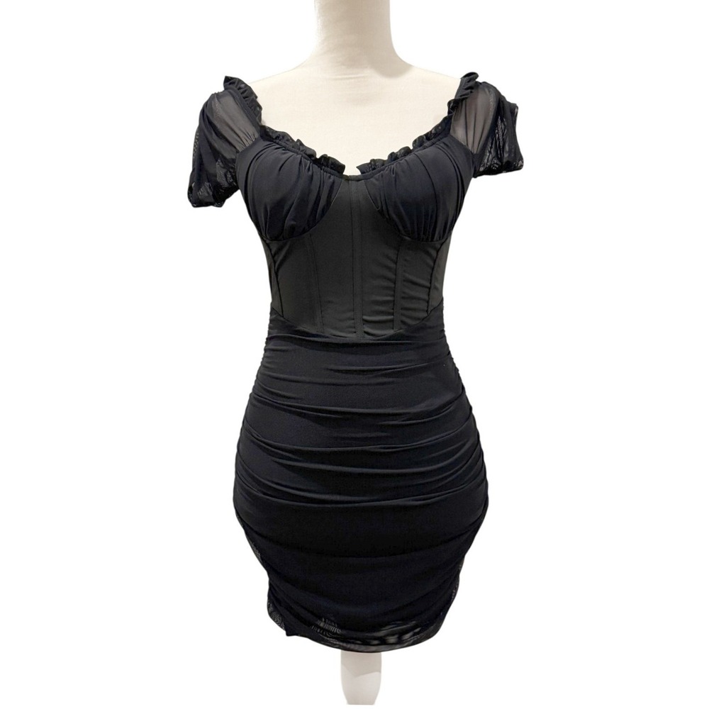 Windsor Black Corset Ruched Bodycon Mini Dress M Sheer Puff Sleeve Romantic